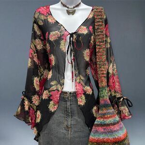 Jessica Taylor Black Floral Sheer Kimono Top M Bell Sleeve Sequin Boho Festival